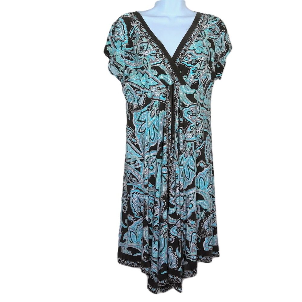 INC International Concepts Paisley Dress V Neck Stretch Flowy Boho Rhinestones L